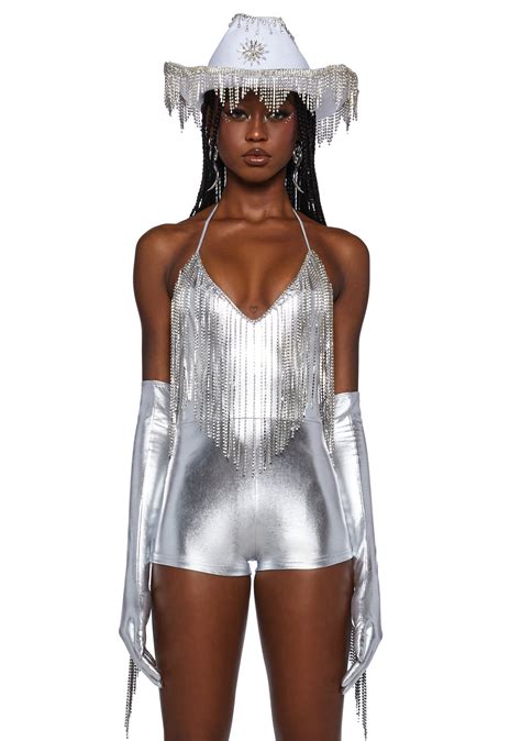 Club Exx Rhinestone Fringe Metallic Romper Silver Dolls Kill