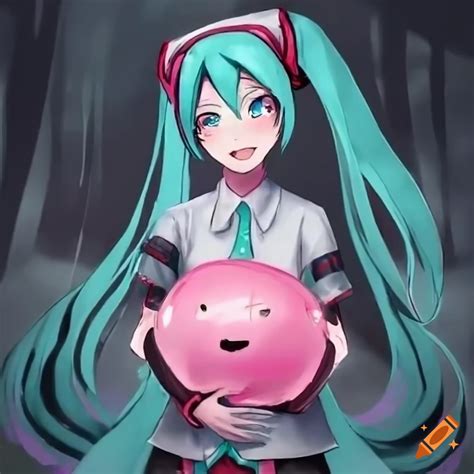 Image Of Hatsune Miku With A Giant Pink Slime In A Dark Forest On Craiyon