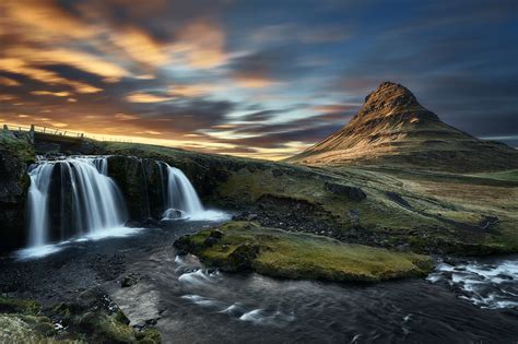 waterfall kirkjufoss sunset iceland mountain sky nature