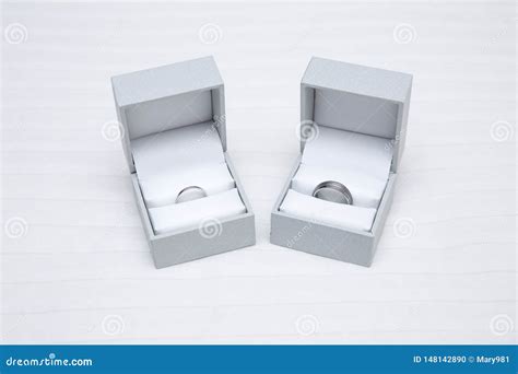 Two Wedding Bands In Ring Boxes For Bride And Groom On Wedding Day