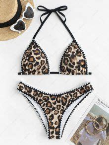 Zaful Leopard Whip Stitch Cheeky Bikini Swimwear In Multi Zaful