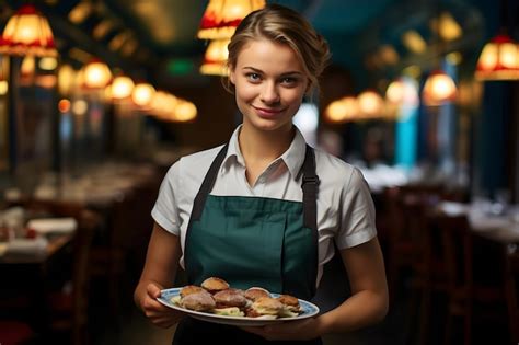 Premium Photo Arafed Woman In Apron Holding Plate Of Food In