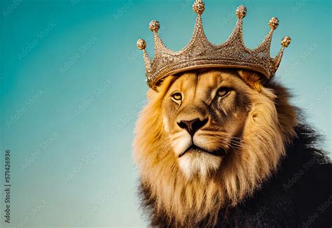 Lion King Wearing The Golden Crown On His Head Isolated Portrait