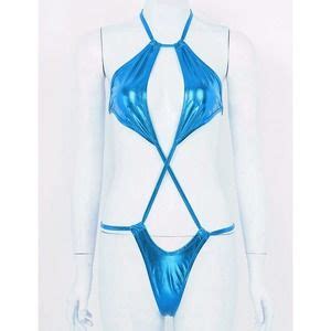 Luxevana Swim One Piece Sexy Swimsuit Metallic Blue Micro Bikini