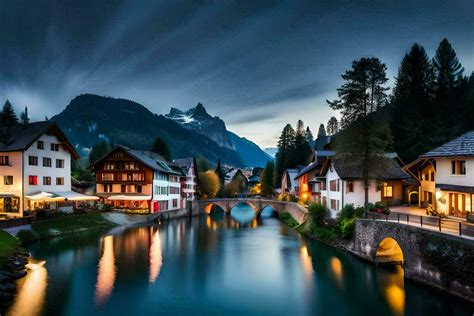 photo wallpaper the sky, mountains, river, houses, switzerland, europe ...