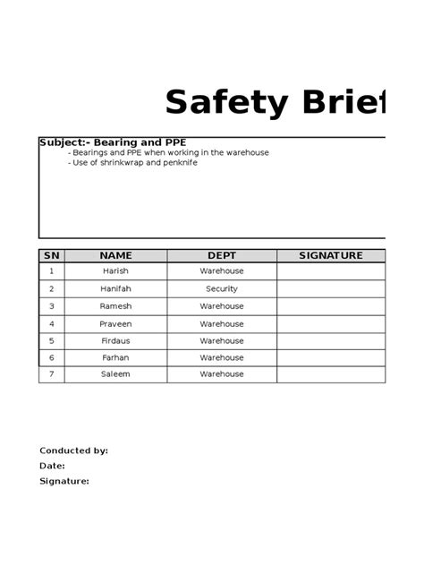 Safety Brief Format Pdf Warehouse Industries