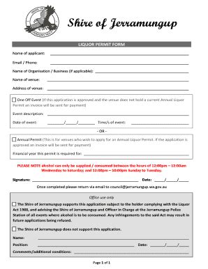 Fillable Online Jerramungup Wa Gov LIQUOR PERMIT FORM Jerramungup Wa