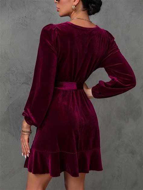 SHEIN BAE Surplice Neck Lantern Sleeve Belted Velvet Dress SHEIN USA