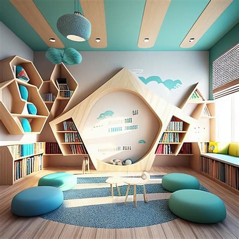 Premium AI Image | Minimalistic Kids Library Room Interior Design with 3D Renderings Generative AI