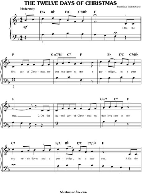 Twelve Days Of Christmas Sheet Music Easy Piano - ♪ SHEETMUSIC-FREE.COM