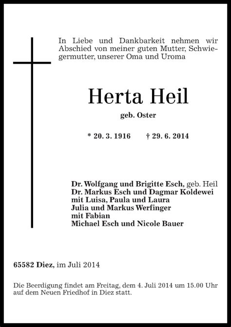 Traueranzeigen Von Herta Heil Rz Trauer De