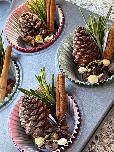 Pine Cones And Cinnamon Sticks Are Arranged In Paper Bowls On A Baking