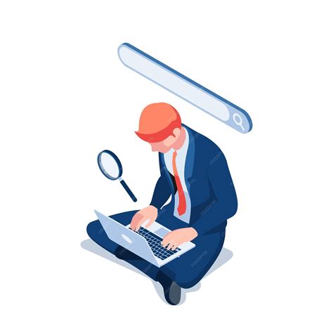 Premium Vector Flat 3d Isometric Businessman Using Search Engine