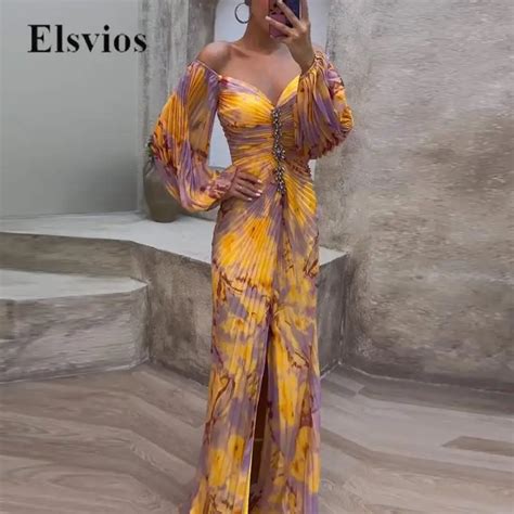 Elegant Lantern Sleeve Maxi Party Dress Lady Sexy Off Shoulder Chiffon