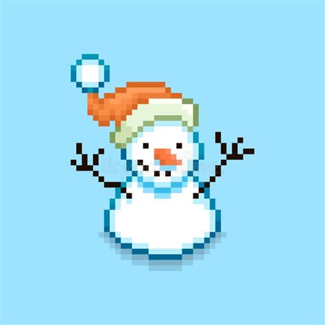 Simple Vector Pixel Art Illustration Of Cartoon Snowman In Red Santa