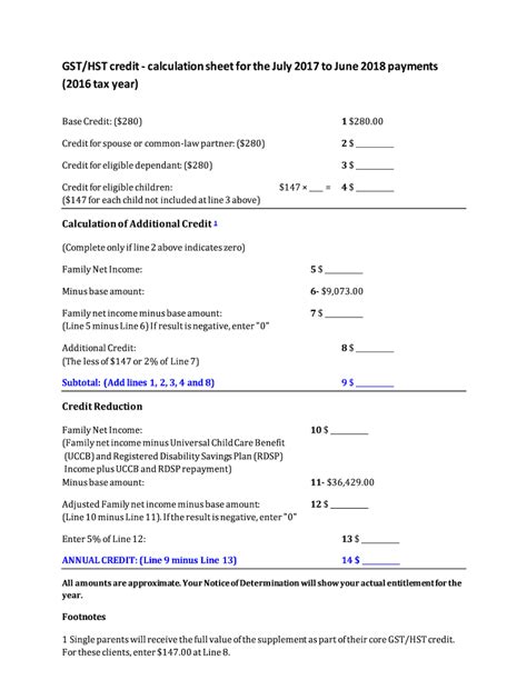 Fillable Online Gst Hst Credit Calculation Sheet For The July To