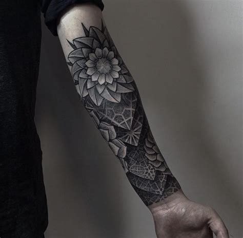 Cool Gray Ink Tattoo Sleeve With Abstract Flower On Forearm