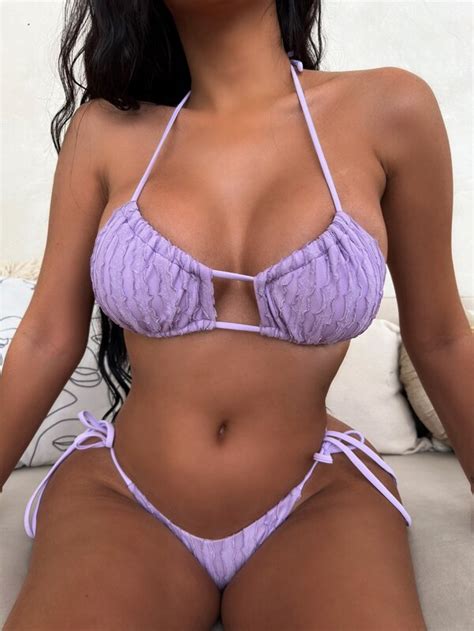 Is That The New Textured Bikini Set Halter Triangle Bra Tie Side