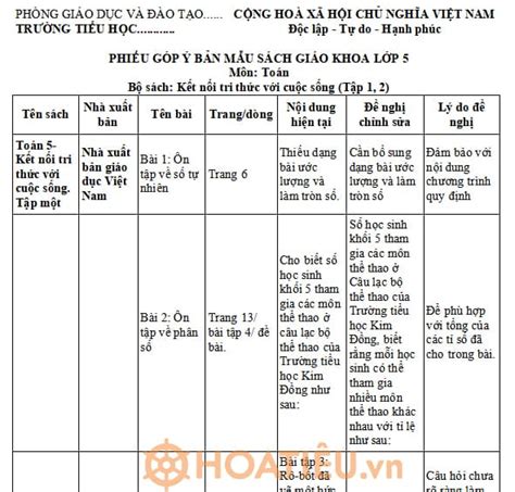 Phiếu góp ý sách giáo khoa lớp 5 môn Toán 5 bộ sách mới HoaTieu vn