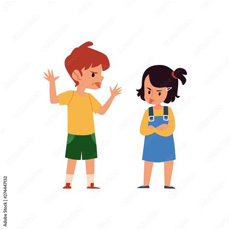 Vetor De Cartoon Boy And Girl Taunt And Mock Each Other Angry Children