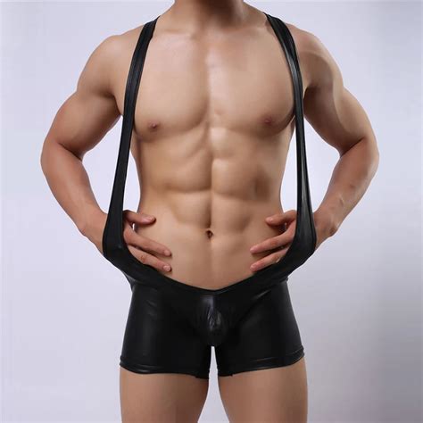 Men Bodysuit Sexy Faux Leather Pu Mankini Underwear Cosplay Costume