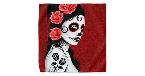 Day Of The Dead Sugar Skull Girl Deep Red Bandana Zazzle