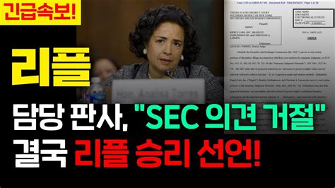 긴급속보 리플 담당 판사 Sec 의견 거절 결국 리플 승리 선언 리플코인전망 리플코인호재 리플전망 리플코인