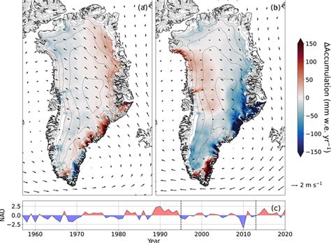 Mean difference in the annual Greenland Ice Sheet snow accumulation (in ...