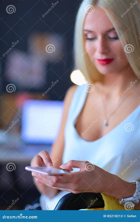 Woman Designer Using On Mobile Phone In Office Stock Image Image Of