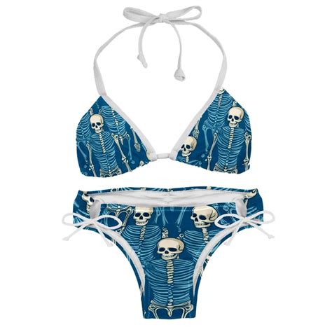 Sexy Women S String Bikini Set Blue Background Skull Print Two Piece