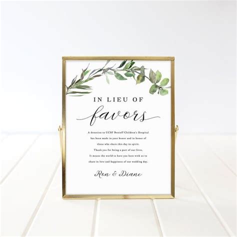 Greenery In Lieu Of Favors Sign Wedding Donation Card Template