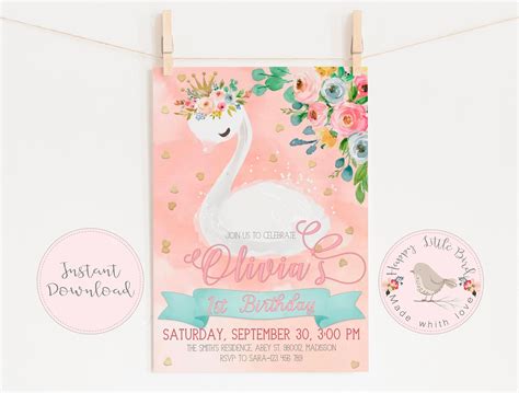 Editable Swan Birthday Invitation Template Princess First Etsy