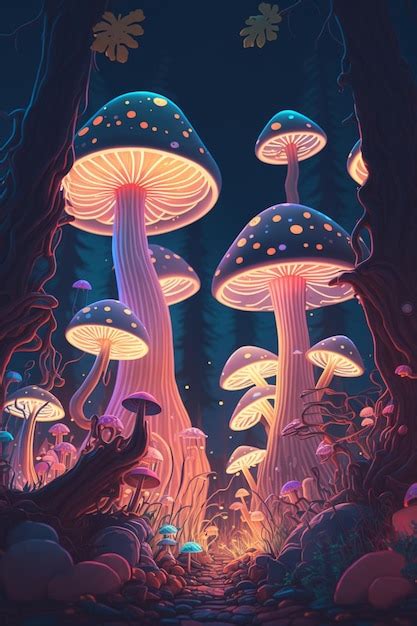 Premium AI Image A Painting Of Mushrooms In The Forest