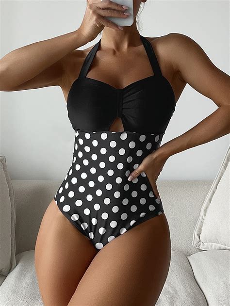 Polka Dot Print Halter One Piece Swimsuit Polka Dot Swimwear