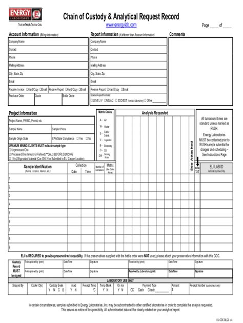 Fillable Online Chain Of Custody Analysis Request Sample Description