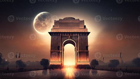 India Gate Illustration With Mon In Night Indian Monuments Illustration