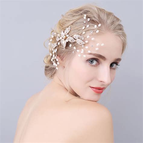 Dower Me Elegant Rhinestone Gold Hair Comb Handmade Pearl Wedding Hair