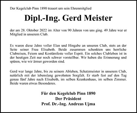 Traueranzeigen Von Gerd Meister Trauer In Nrw De