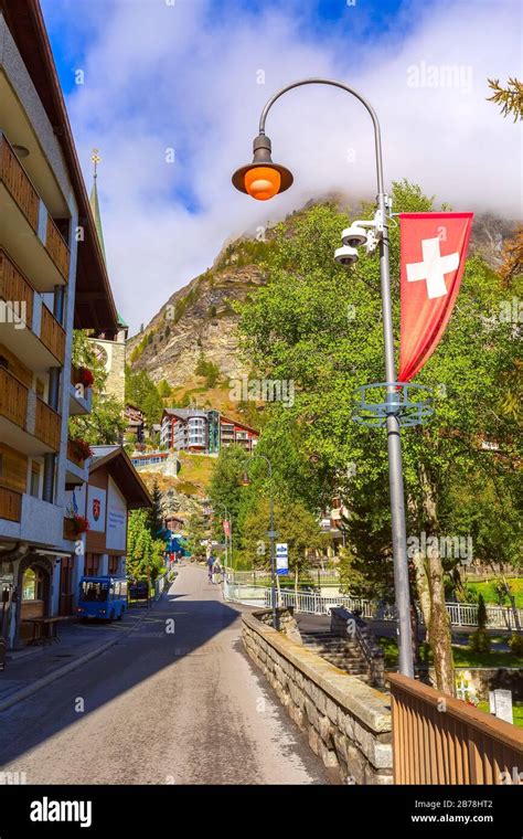 Zermatt Switzerland October 7 2019 Town Street View With Church In