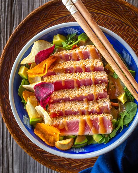 Seared Sesame Crusted Tuna Salad With Wasabi Vinaigrette And Vegetable