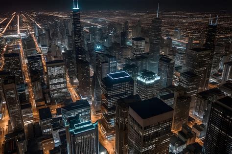 Premium Ai Image Aerial View Of Chicago City Skyline With Light At Night