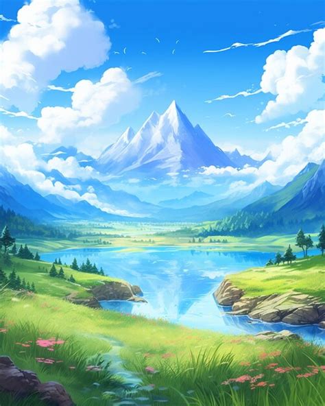 Anime Landscape With Mountains Premium Ai Generated Image