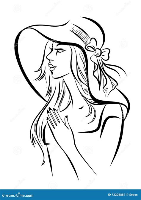 Portrait On Young Girl In A Wide Brimmed Hat Stock Vector