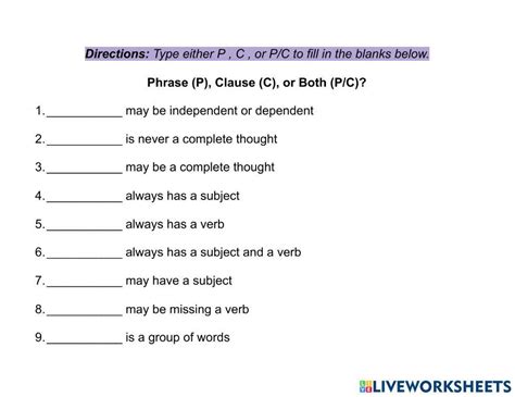 Phrase Or Clause Worksheet Live Worksheets Worksheets Library