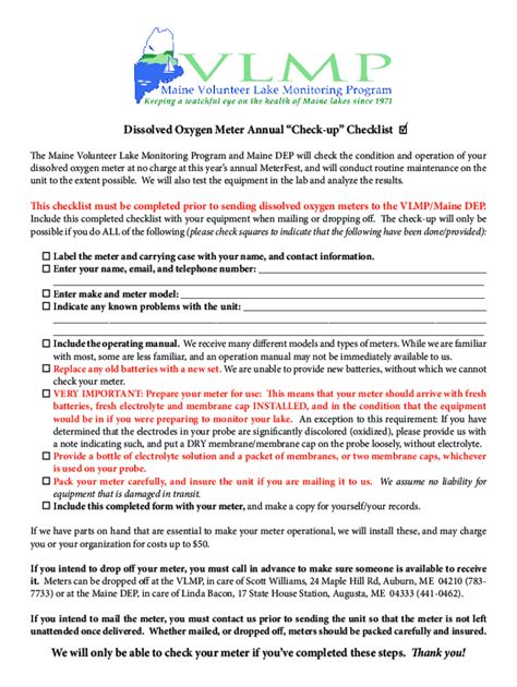 Fillable Online Dissolved Oxygen Meter Annual Check Up Checklist Fax