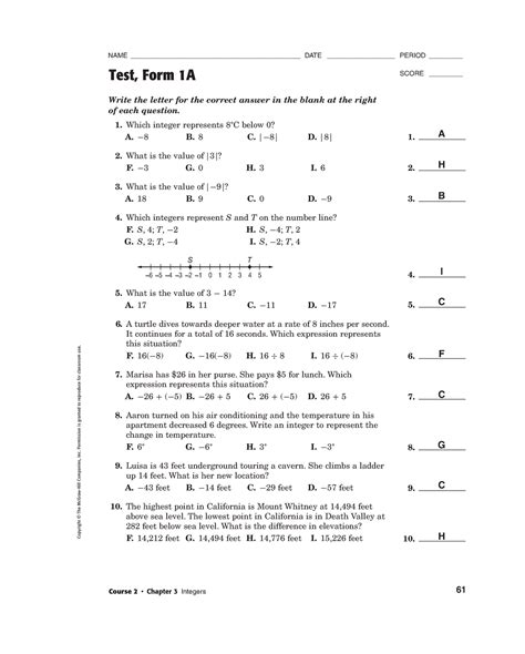 Test 1a Answers Ssss Course 2 Chapter 3 Integers 61 NAME Studocu