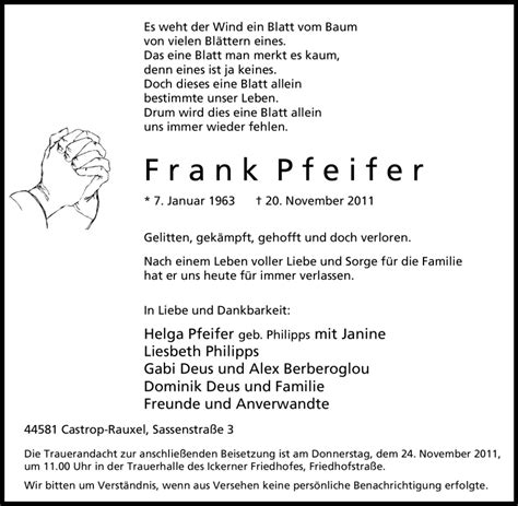 Traueranzeigen Von Frank Pfeifer Trauer In NRW De