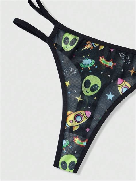 ROMWE Kawaii Alien Spaceship Print Mesh Sexy Lingerie Set SHEIN UK