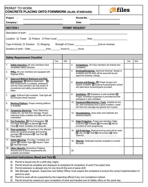 Work Permit Concrete Formwork Construction Documents And Templates