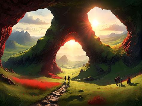 Beauty Nature Sunlight Cave 3d Art Green Scenery Background Beauty